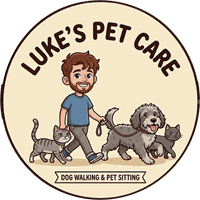 Luke's Pet Care — cartoon badge of Luke walking a dog with two cats